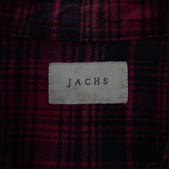 Jachs Red Red Plaid Flannel Medium Collared Dress Shirt Pocket Front - Picture 8 of 10